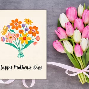 Tarjeta del Día de la Madre - Ramo de flores - Sencillo - Minimalista - Regalo del Día de la Madre - Plantilla imprimible - Dibujado a mano