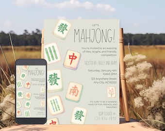 May include: An invitation for a Mahjong game night, featuring a light green background with Mahjong tiles and the text "Let's Mahjong!". A smartphone displays the same invitation. The event is hosted by Kelly and Adam.