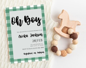 Uitnodiging babyshower met groene gingang: Oh Boy (digitale download)
