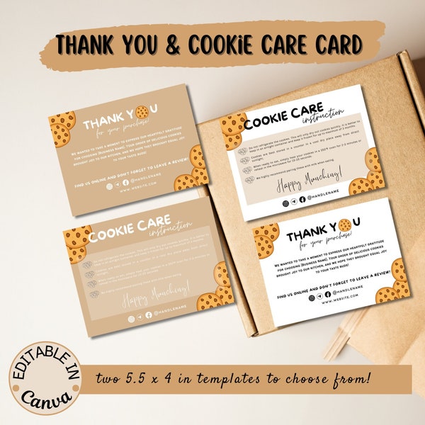 Thank You Card Template Cookie Care Card Template  Canva Editable Cookie Care Card Printable Template Cards
