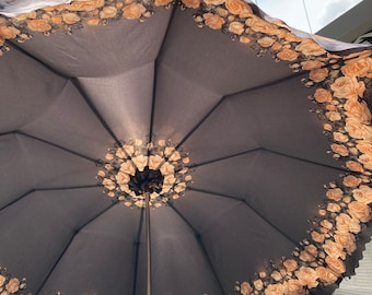 Elegant French Parasol,Vintage Umbrella,Beautifully Scalloped Edges,Roses Rain or Shine,Embossed Curved Silver Metal Detachable Handle