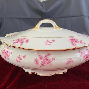 RARE Limoges Quality Elegance Antique Lidded Tureen Pink Floral Gold Trim Circa 1908-1930 Limoges porcelain Terrine Made in France by B &Cie