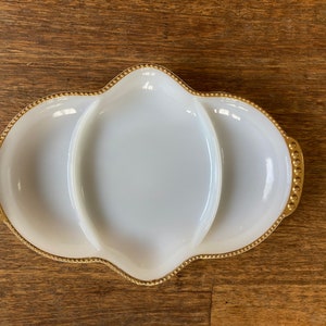 Vintage Fire-King Opal Glass Hors D&#39;oeuvre Dish: Gold Hobnail, Mid-Century