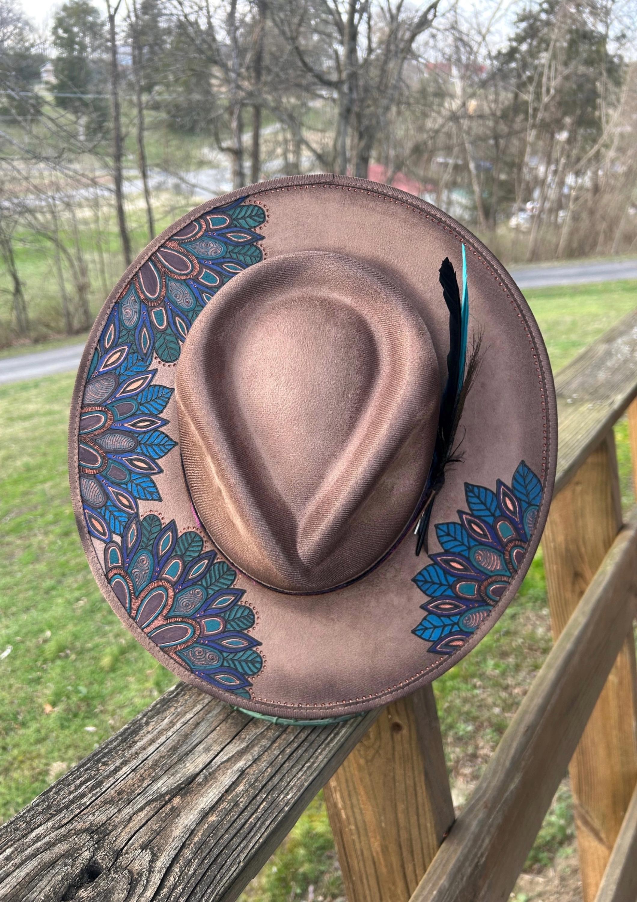 Teal Burned Wide Brim Hat - Etsy display picture 1