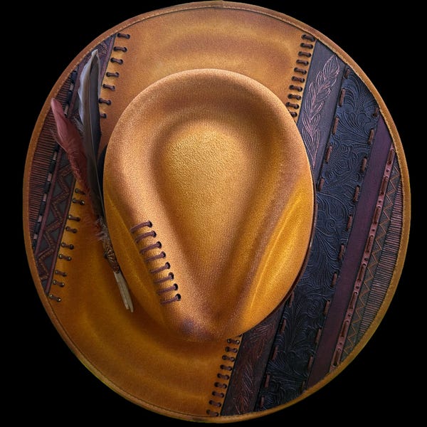 Southwestern gele noodlijdende hoed handgebrande veganistische suède western fedora cowboyhoed unisex maat L 59-60 cm