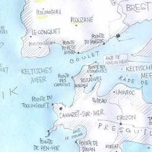 Kartenskizze, Umgebung von Brest, Frankreich. Kunst, Zeichnung, Landkarte, Wanddeko, Frankreich, Reise, Brest, Atlantik, Küste, Souvenir