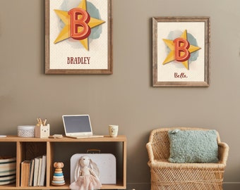 Impresión inicial personalizada para niños, impresión de nombre personalizada, decoración de la habitación de los niños, arte del nombre del dormitorio de la niña, impresión de arte retro de la guardería