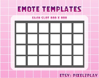 May include: A template for creating 25 custom emotes. Each slot is 800 x 800 pixels. The template is on a pink background with a white border.