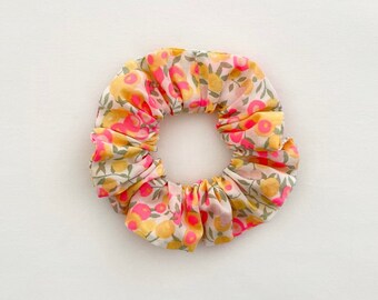 Liberty of London &quot;Wiltshire Lemon curd&quot; fabric mini scrunchie, small neon pink and yellow hair scrunchie, carefully hand-sewn