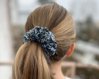 Liberty of London Emma and Georgina navy blue fabric scrunchie, carefully hand-sewn scrunchie