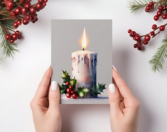 Candle with Holly Bunch Greeting Card Holiday Watercolor Christmas