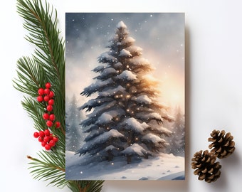 Pack of 8 Snow Covered Pine Greeting Cards Holiday Watercolor Christmas