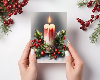 Candle with Holly Greeting Card Holiday Watercolor Christmas