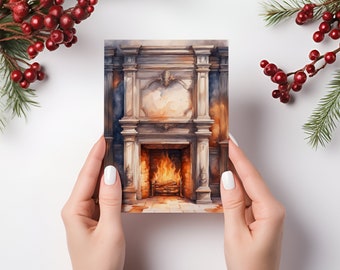 Fireplace Hearth Greeting Card Holiday Watercolor Christmas