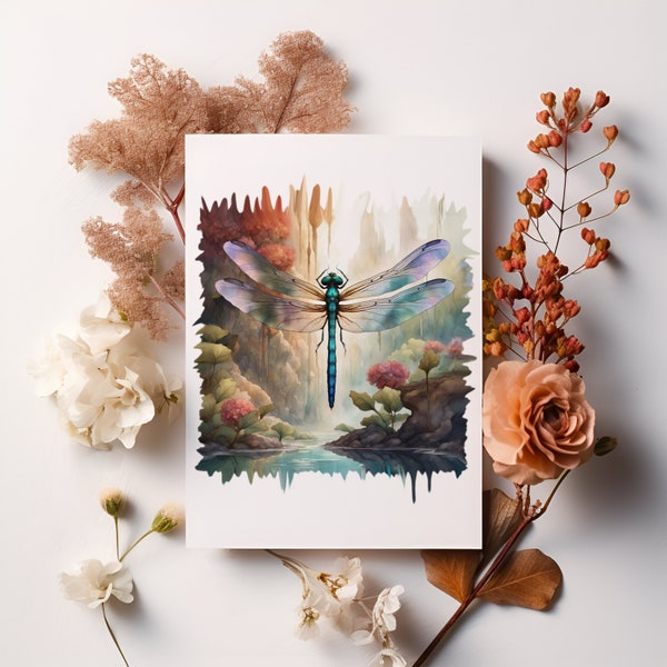 Watercolor Dragonfly Greeting Card Drip Holiday Card