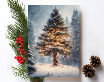Festive Lights Snow Covered Pine Tree Card Greeting Card Holiday Watercolor Christmas