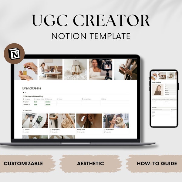 Modèle UGC Notion pour Ugc Creator, tableau de bord CRM UGC, planificateur de médias sociaux Notion, argumentaire d'e-mail, calendrier de contenu Notion, kit Ugc