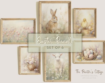 Vintage Easter Wall Art Set of 6, Easter Printables, Vintage Spring Prints, Easter Bundle, Rabbit Print, Gallery Wall Set, Seasonal Decor