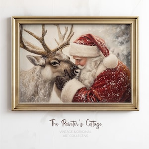 Retro Santa Wall Art, Vintage Santa Reindeer Print, Rustic Christmas Printables, Santa Claus Painting, Winter Holiday Decor Digital Download