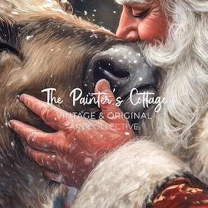 May include: A close-up of a Santa Claus figure with a white beard, kissing a brown and white donkey on the nose. The donkey has a gentle expression on its face. The image is painted in a stylized, almost impressionistic style.