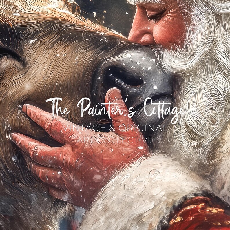 May include: A close-up of a Santa Claus figure with a white beard, kissing a brown and white donkey on the nose. The donkey has a gentle expression on its face. The image is painted in a stylized, almost impressionistic style.