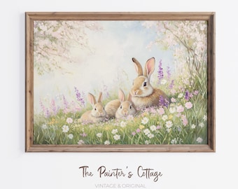 Easter Bunny Painting, Pastel Easter Prints Download, Cute Bunnies Spring Wall Art, Rabbit Printable Art, Vintage Easter Farmhouse Decor