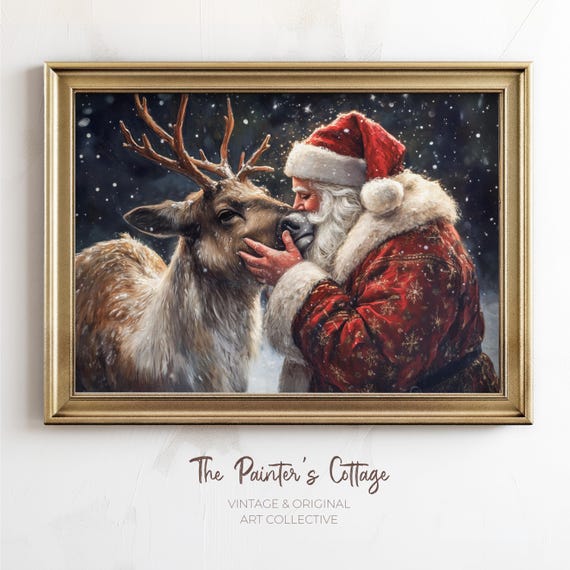Retro Santa Wall Art, Dark Christmas Painting, Vintage Santa Reindeer Print, Santa Claus Printable, Winter Holiday Decor Digital Download