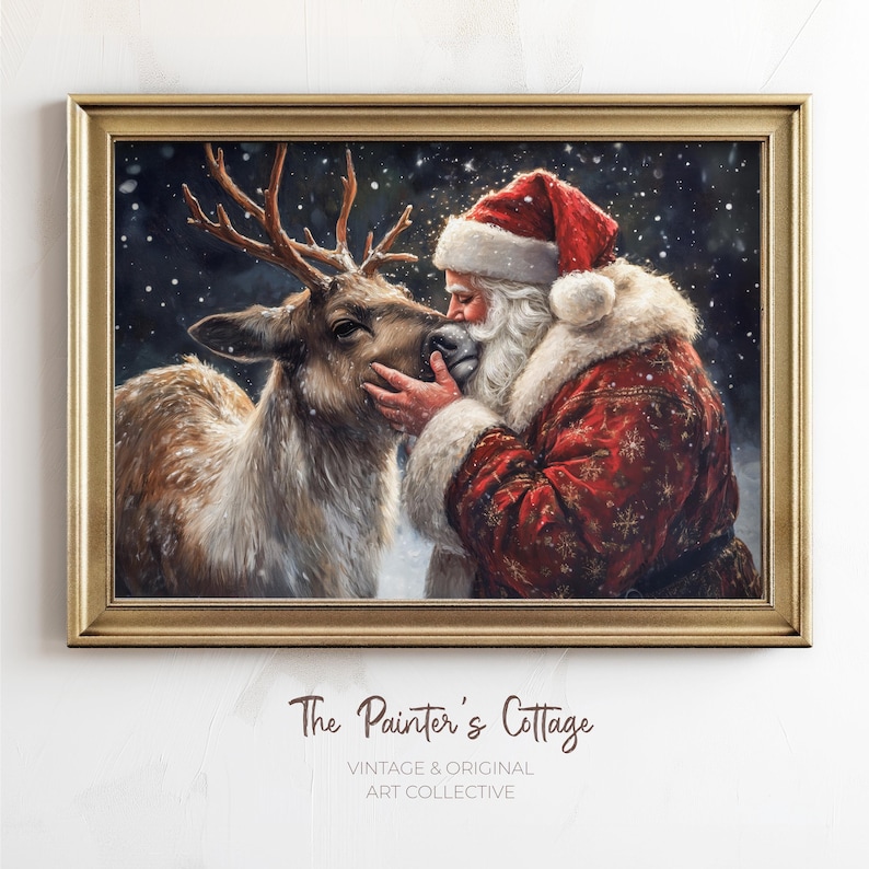 May include: A painting of Santa Claus in a red suit with a white beard, kissing a reindeer on the nose. The background is a snowy forest with falling snow.