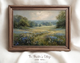 Blue Wildflower Field Landscape Painting, Vintage Floral Landscape Prints Nature Wall Art Meadow, Pastoral Countryside Printable Wall Art