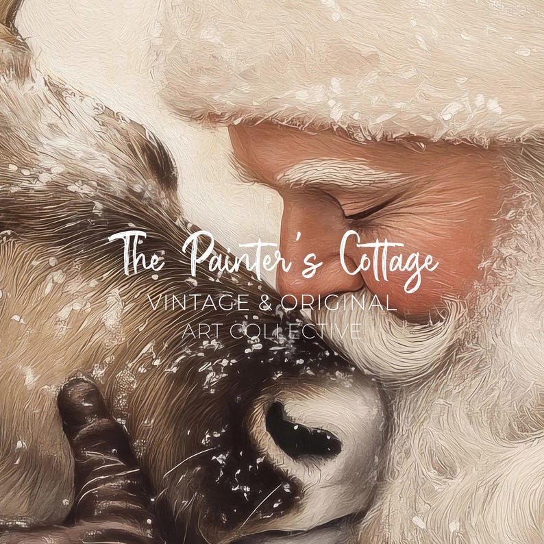 May include: A vintage-style painting depicts Santa Claus embracing a reindeer. The image features a close-up of Santa's face and the reindeer's head, with the text "The Painter's Cottage" and "Vintage & Original Art Collective". The color palette includes warm tones.
