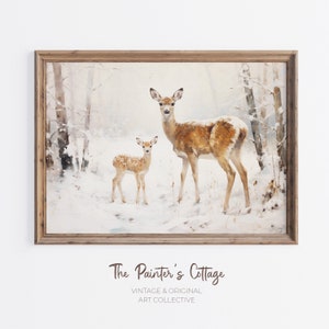 Imprimible de ciervo, Arte mural de bosque nevado, Pintura de ciervo, Arte mural navideño rústico, Impresión de invierno nevado, Decoración navideña campestre, Impresión de cervatillo