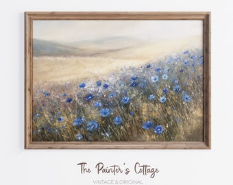 Wildflower Field Art Print, Wildflower Painting Digital Download, Vintage Wildflower Art, Blue Landscape Art, Floral Farmhouse Wall Art