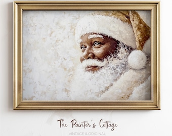 Black Santa Print, Retro Santa Painting, African American Christmas Printable Wall Art, Beige Santa Claus Portrait, Vintage Holiday Decor
