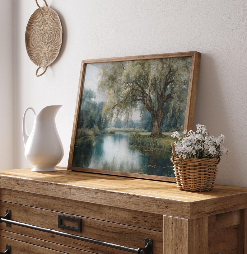 Printable Willow Tree Painting, Calm Nature Decor, Weeping Willow Print Cozy Farmhouse Wall Art, Transformative Teal Prints Digital Download image 3