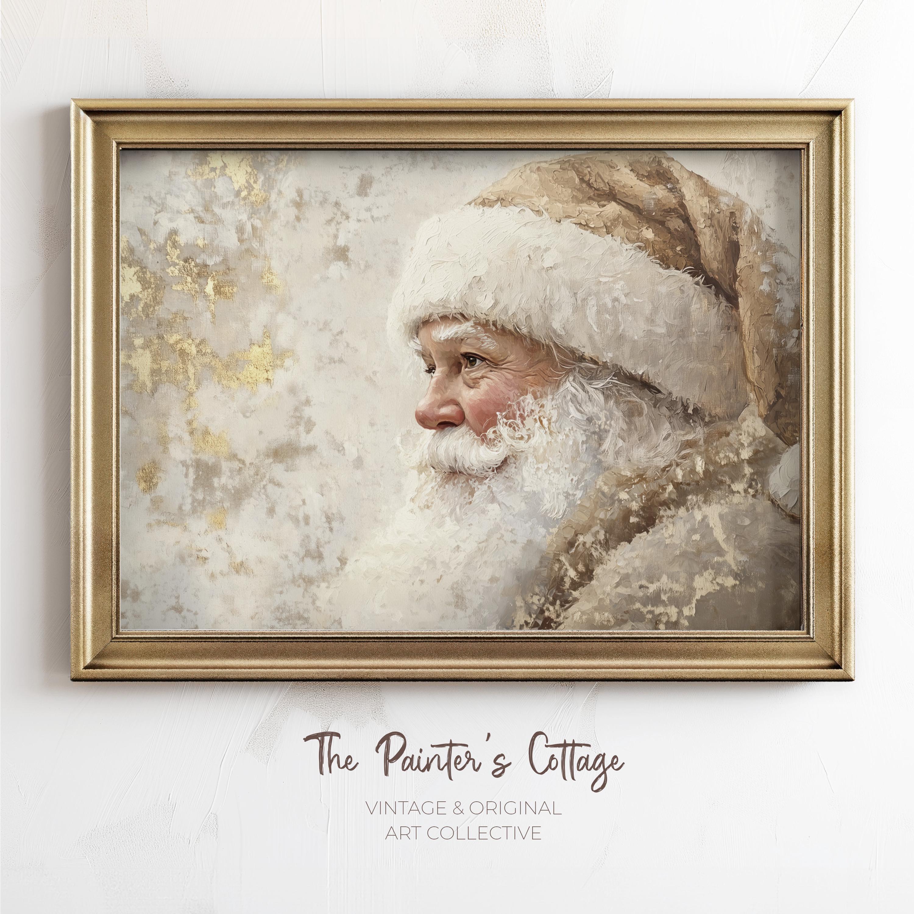 Neutral Christmas Wall Art, Retro Santa Print, Modern Rustic Santa Claus Portrait, Printable Santa Painting, Minimalist Holiday Decor Beige
