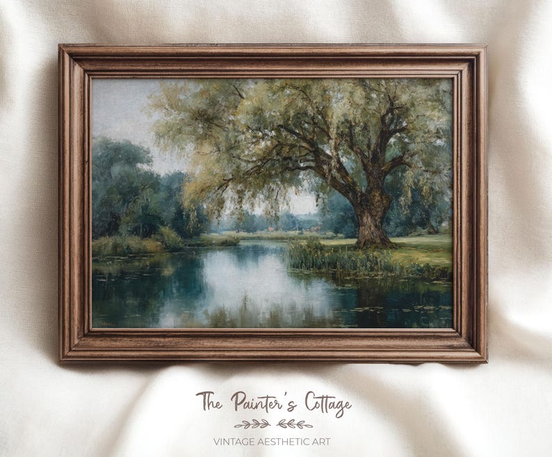 Printable Willow Tree Painting, Calm Nature Decor, Weeping Willow Print Cozy Farmhouse Wall Art, Transformative Teal Prints Digital Download image 1