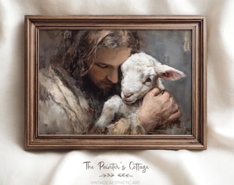 Pintura do Bom Pastor Jesus, Arte de Parede Bíblica para Cristãos, Impressões Religiosas: Jesus deixa as 99 ovelhas, Lucas 15:4-7, A Ovelha Perdida