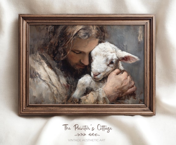 Good Shepherd Jesus Painting Bible Wall Art For Christians, Religious Printables Jesus leaves the 99, Luke 15:4-7 Verse, The Lost Sheep Art