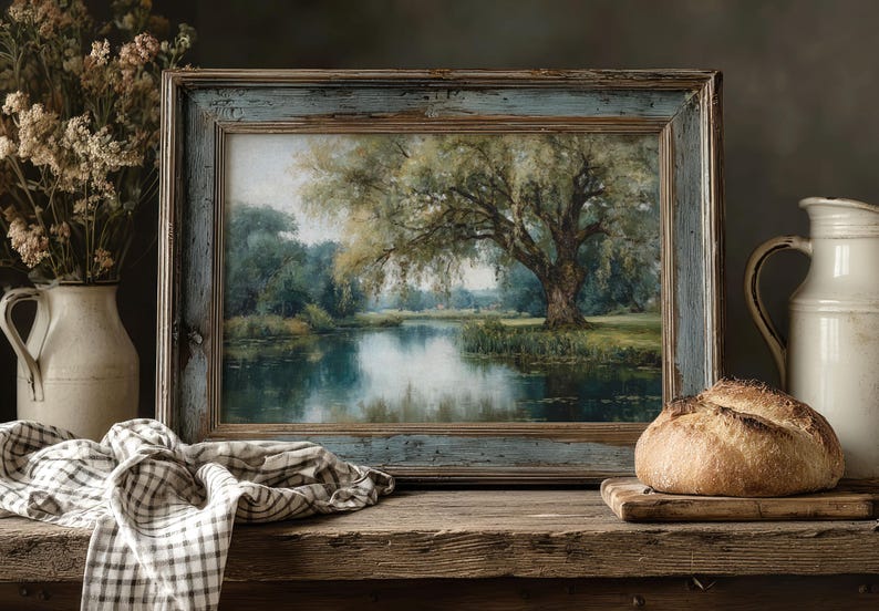 Printable Willow Tree Painting, Calm Nature Decor, Weeping Willow Print Cozy Farmhouse Wall Art, Transformative Teal Prints Digital Download image 2