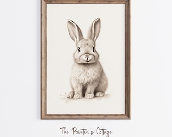May include: A sepia toned illustration of a rabbit sitting in a neutral background. The rabbit is looking directly at the viewer. The image is framed in a rustic wooden frame.