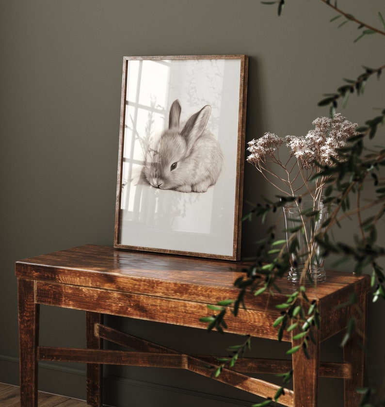 Baby Rabbit Drawing, Minimalist Nursery Animal Wall Art, Cute Bunny