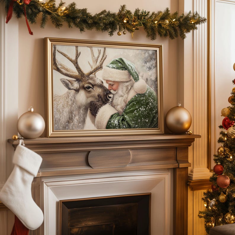 May include: A framed Christmas print depicts Santa Claus in a green suit and hat, embracing a reindeer. The artwork is set above a fireplace, adorned with ornaments, a stocking, and a garland with lights, creating a festive holiday scene.
