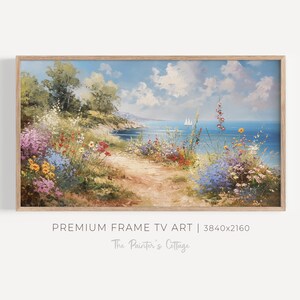 Wildflower Frame TV Art Coastal Summer Tv Art, Coastal Wildflower Art, Beach House Decor, Seascape Painting, Vintage Ocean, Beach Flowers