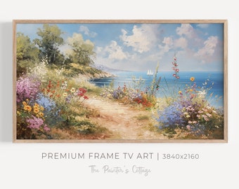 Wildflower Frame TV Art Coastal Summer Tv Art, Coastal Wildflower Art, Beach House Decor, Seascape Painting, Vintage Ocean, Beach Flowers