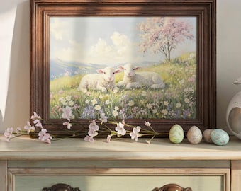 Spring Lamb Painting, Easter Sheep Wall Art, Farm Nursery Decor Pastel, Farmhouse Animal Print, Vintage Easter Printables, Digital Download