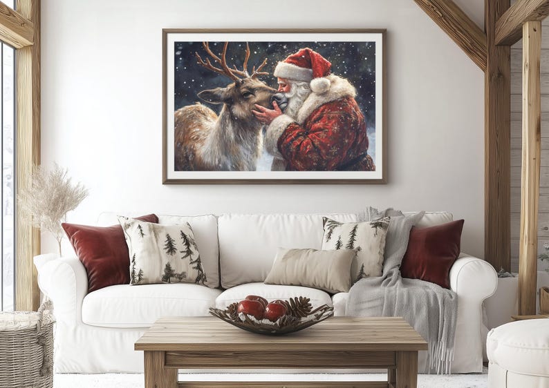 May include: A painting of Santa Claus with a reindeer. Santa is wearing a red suit with white trim and a white beard. The reindeer is brown and white with antlers. The background is a snowy forest.
