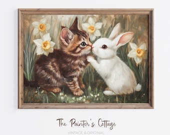 Vintage Cat and Bunny Print, Cute Easter Wall Art Earthy Tone, Daffodil Art Print, Rustic Animal Painting Farmhouse Style Art, Easter Kitten