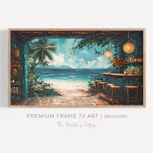 May include: A framed painting of a tropical bar with a view of the ocean. The bar is decorated with tropical plants and has a blue and green color scheme. The ocean is a bright blue and the sky is a light blue. The painting is framed in a light wood frame.