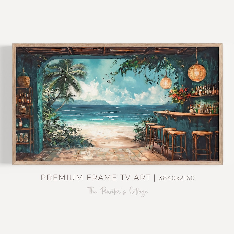 May include: A framed painting depicting a tropical bar with an ocean view. The bar is adorned with tropical plants and features a blue and green colour scheme. The ocean is a vibrant blue and the sky is a light blue. The painting is framed in a light wood frame.