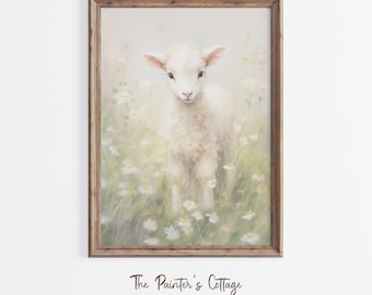 Arte para impressão de cordeiro, decoração rústica de fazenda, pintura de cordeiro bebê, impressão de primavera e Páscoa, decoração de cordeiro bebê, arte de parede para berçário de cordeiro, impressões digitais